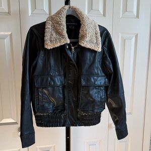 French Connection Black Faux Leather Jacket with Cream Shearling Collar